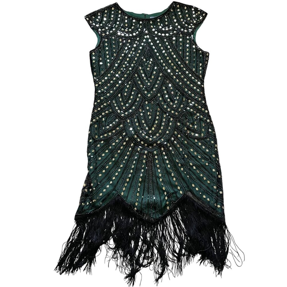 Fundaisy Beaded Sequined Fringe Flapper Dress Women's Size 3XL Green Black